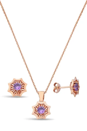 925 Ayar Gümüş Mor Taşlı Rose Çiçek Set - 67019202