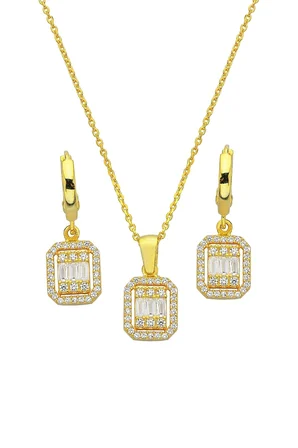 925 Ayar Gümüş 18k Altın Kaplamalı Baget Taşlı Set - 67019801
