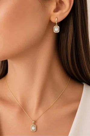 925 Ayar Gümüş 18k Altın Kaplamalı Baget Taşlı Set - 67019801