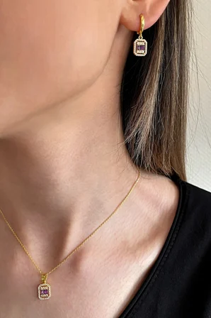 Mor Baget Taşlı 925 Ayar Gümüş 18k Altın Kaplamalı Set - 67019901
