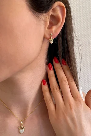 18k Altın Kaplamalı 925 Ayar Gümüş Taçlı Kalp Set - 67020702