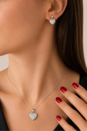 925 Ayar Gümüş Zirkon Taşlı Kalp Set- 67021202