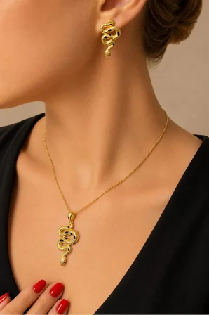 18K Altın Kaplamalı 925 Ayar Gümüş Yılan Set - 67021702
