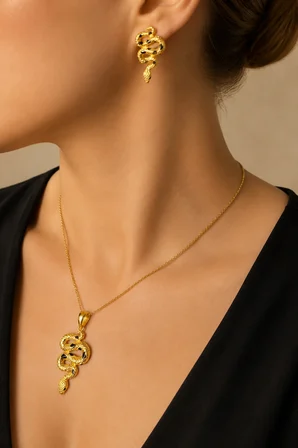 18K Altın Kaplamalı 925 Ayar Gümüş Yılan Set - 67021702