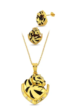 18K Altın Kaplamalı 925 Ayar Gümüş Tasarım Panter Set - 67021902