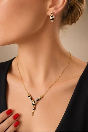 18K Altın Kaplamalı 925 Ayar Gümüş Tasarım Yılan Set - 67022102
