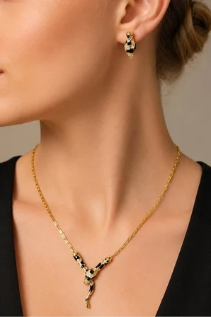 18K Altın Kaplamalı 925 Ayar Gümüş Tasarım Yılan Set - 67022102