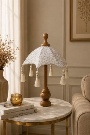 Bali Şemsiyesi 5 Renk Seçenekli Kadife Üzeri Fransız Dantelli Ahşap Ayaklı Dekoratif Ürün 45x30cm