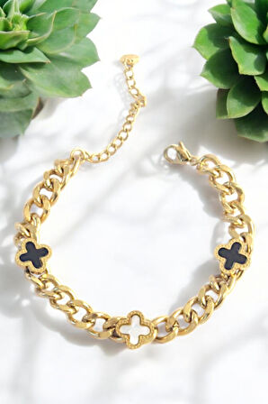 Siyah ve Beyaz Yonca Gold Çelik Charm Bileklik
