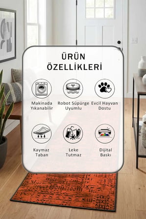 Yıkanabilir Yolluk Halı Kaymaz Taban Salon Mutfak Kırmızı