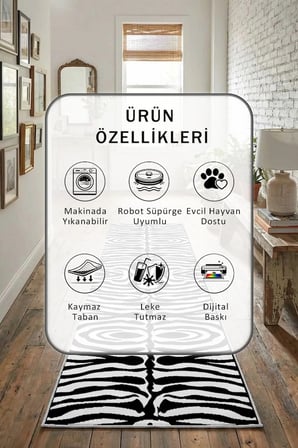 Zebra Yıkanabilir Kaymaz Taban Dijital Baskılı Yolluk Halı Siyah