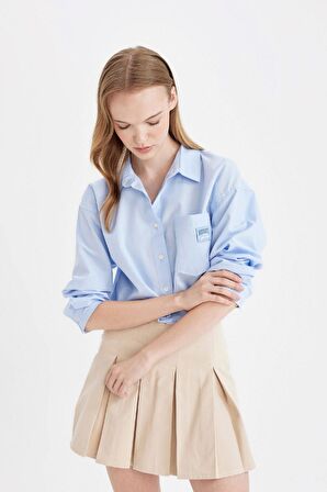 DeFacto Coool Oversize Geniş Kalıp Basic Düz Cepli Oxford Uzun Kollu Crop Gömlek D4031AX24AUBE551