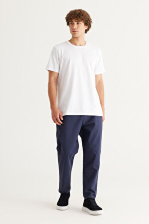 Erkek Lacivert Slim Fit Dar Kesim Beli Bağlamalı %100 Pamuk Pantolon
