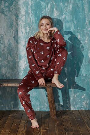 Luxury Velvet Fransız Kadife Desenli Paça Manşetli Pijama Takımı