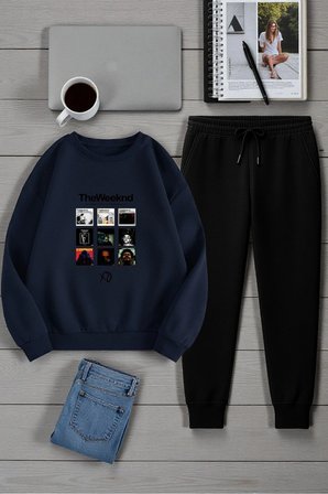 Unisex The Weekend Tasarım Basklı Bisiklet Yaka Sweatshirt - 2'li Eşofman Takımı