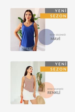 Kadın Mavi Askılı V Yaka Aksesuarlı Halka Detaylı Kolsuz Yazlık Bluz, Kadın Bluz 