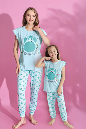 Anne Kız Kombin Desenli Viskon Fırfır Kollu Pijama Takımı (ANNE KIZ AYRI SATILIR)