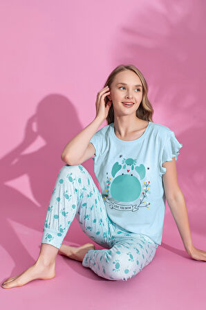 Anne Kız Kombin Desenli Viskon Fırfır Kollu Pijama Takımı (ANNE KIZ AYRI SATILIR)