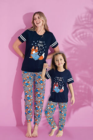 Anne Kız Kombin Desenli Viskon Kısa Kollu Pijama Takımı (ANNE KIZ AYRI SATILIR)