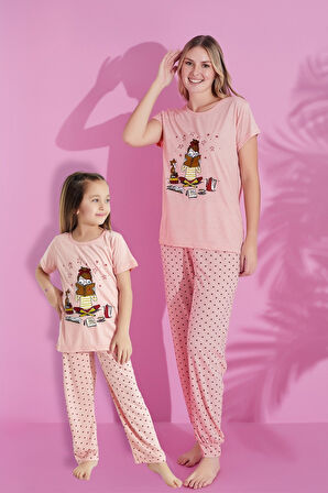 Anne Kız Kombin Desenli Viskon Kısa Kollu Pijama Takımı (ANNE KIZ AYRI SATILIR)