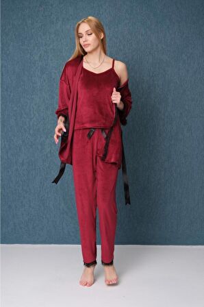 Dreamy Dantel Detaylı Kadife 3 Parça Sabahlıklı Pijama Takımı Lacivert