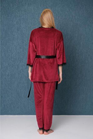 Dreamy Dantel Detaylı Kadife 3 Parça Sabahlıklı Pijama Takımı Lacivert