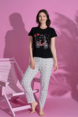 Dreamy Pamuklu Kalp Desenli Kısa Kollu Kadın Pijama Takımı