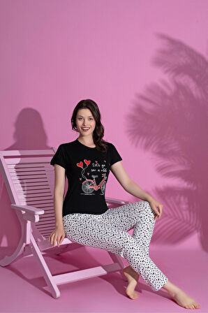 Dreamy Pamuklu Kalp Desenli Kısa Kollu Kadın Pijama Takımı