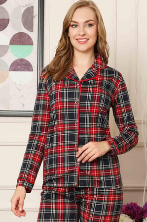 Dreamy Ekoseli Pamuklu Biyeli  Uzun Kollu Gömlek Pijama Takımı