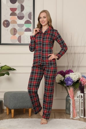 Dreamy Ekoseli Pamuklu Biyeli  Uzun Kollu Gömlek Pijama Takımı