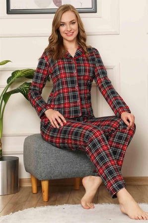 Dreamy Ekoseli Pamuklu Biyeli  Uzun Kollu Gömlek Pijama Takımı