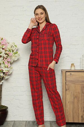 Dreamy Ekoseli Pamuklu Biyeli  Uzun Kollu Gömlek Pijama Takımı