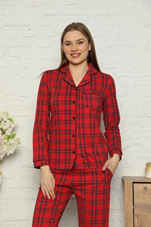 Dreamy Ekoseli Pamuklu Biyeli  Uzun Kollu Gömlek Pijama Takımı