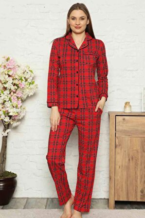 Dreamy Ekoseli Pamuklu Biyeli  Uzun Kollu Gömlek Pijama Takımı