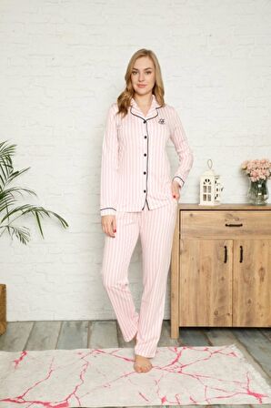 Dreamy Secret Pamuklu Likralı Biyeli Kısa Kollu Gömlek Pijama Takımı Pembe