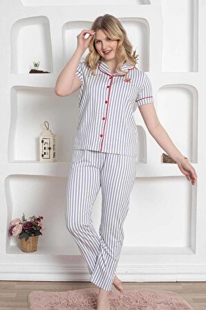 Dreamy Secret Pamuklu Biyeli Çizgili Kısa Kollu Cepli Gömlek Pijama Takımı