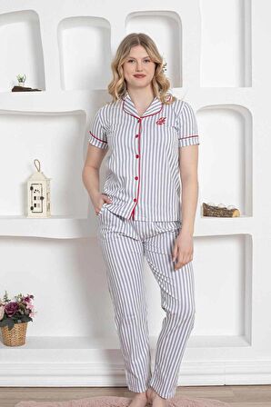 Dreamy Secret Pamuklu Biyeli Çizgili Kısa Kollu Cepli Gömlek Pijama Takımı
