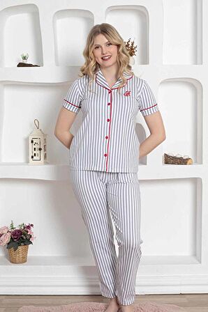 Dreamy Secret Pamuklu Biyeli Çizgili Kısa Kollu Cepli Gömlek Pijama Takımı