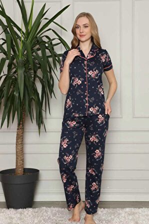 Dreamy Pamuklu Biyeli Çiçek Desenli Kısa Kollu Gömlek Pijama Takımı