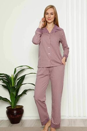 Dreamy Pamuklu Uzun Kollu Puantiyeli Düğmeli Yaka Pijama Takımı