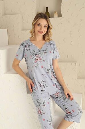 Dreamy Likralı Dantel Detaylı Çiçek Desenli Bermuda Kapri Takım
