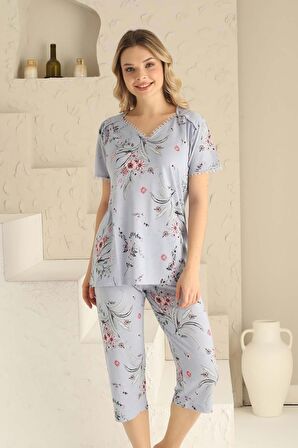 Dreamy Likralı Dantel Detaylı Çiçek Desenli Bermuda Kapri Takım