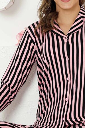 Dreamy Secret Full Likralı Pamuklu Çizgili Uzun Kollu Gömlek Pijama Takımı