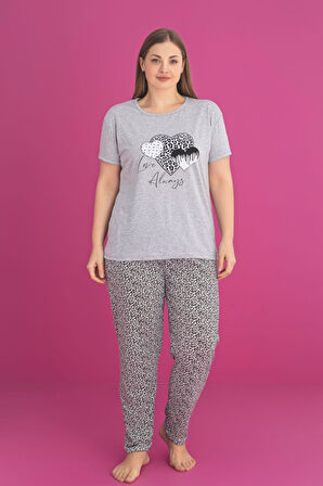 X-Dreamy Büyük Beden Pamuklu Leopar Desenli Kısa Kollu Pijama Takımı