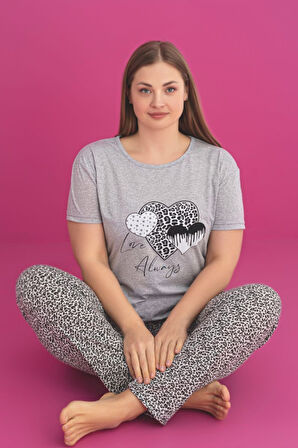 X-Dreamy Büyük Beden Pamuklu Leopar Desenli Kısa Kollu Pijama Takımı