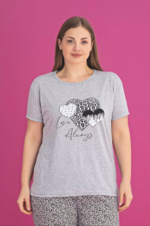 X-Dreamy Büyük Beden Pamuklu Leopar Desenli Kısa Kollu Pijama Takımı