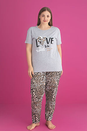 X-Dreamy Büyük Beden Pamuklu Leopar Desenli Kısa Kollu Pijama Takımı