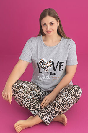 X-Dreamy Büyük Beden Pamuklu Leopar Desenli Kısa Kollu Pijama Takımı