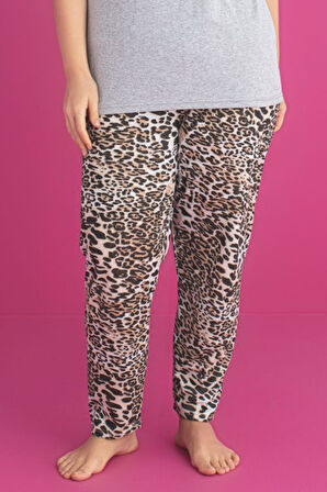 X-Dreamy Büyük Beden Pamuklu Leopar Desenli Kısa Kollu Pijama Takımı