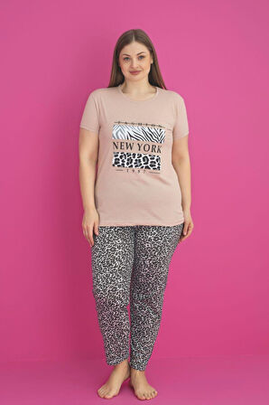 X-Dreamy Büyük Beden Pamuklu Leopar Desenli Kısa Kollu Pijama Takımı